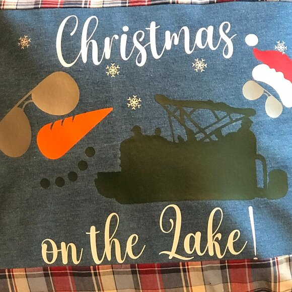 Holiday Lake Scene Pillow Cover: Appliqued Christmas on the Lake w/Pontoon 18x18 - Picture 9 of 10